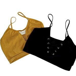 BKE Bralettes Lot (2) Mustard Yellow Black  XS/X Lace Up Sexy Layers Basic